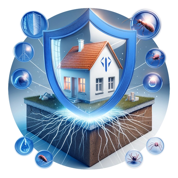 A house is protected by a blue shield. The shield is surrounded by 8 blue circles. Each circle contains a different type of pest. The pests are an ant, a spider, a beetle, a cockroach, a fly, a mosquito, a rat, and a termite. The house is protected from these pests by the shield.