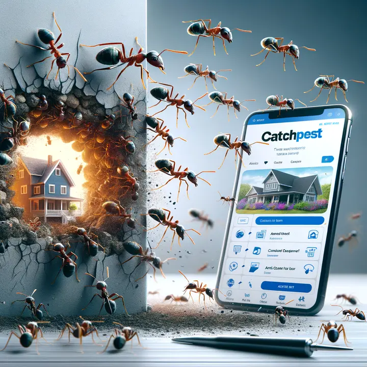 portrays a dramatic scene where a horde of ants is breaking through a wall, invading a home. This symbolizes a pest infestation problem.