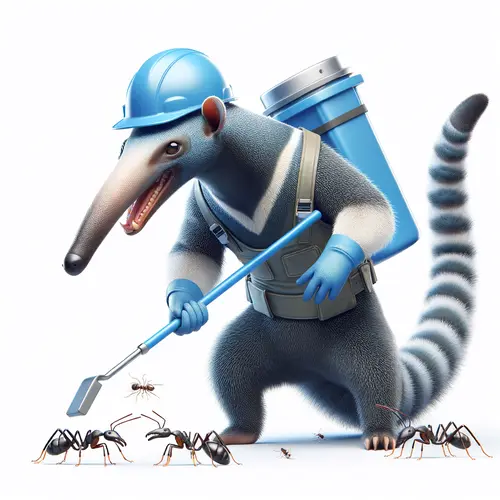 An anteater trying to figure out how to get rid of ants permanently wearing a hard hat and holding a pest control tool is standing next to a group of ants. 