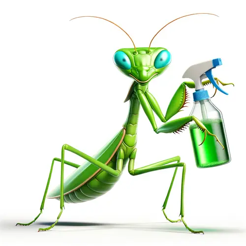 A green praying mantis holding a ant killer spray bottle of green liquid. It has a happy expression on its face.