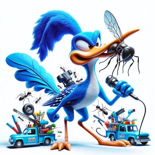 a blue Roadrunner holding a microphone in its beak. The Roadrunner is wearing a black vest and has a red mohawk. It is standing in front of a truck with a lot of pest control tools on it. There are also a lot of ants on the ground around the Roadrunner.