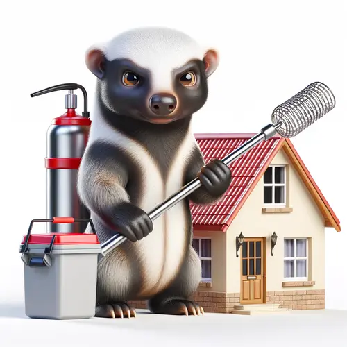 A 3D rendering of a cartoon honey badger standing in front of a house. protected it with ant killer solutions.