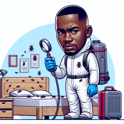 a man in an exterminator suit. He is holding a magnifying glass and looking at a bed with many bugs. He is try to get rid of bed bugs.