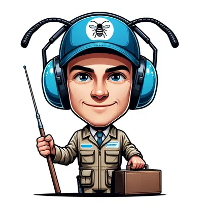 a cartoon exterminator, wearing a blue hat, headphones, and a uniform. He is holding a pest control spray gun and a case.