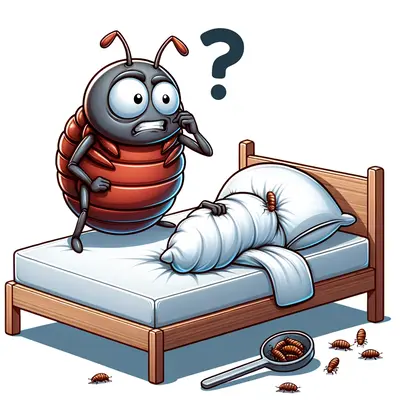 A cartoon bed bug is standing on a bed looking at a bunch of other bed bugs on the bed and floor and is very confused.