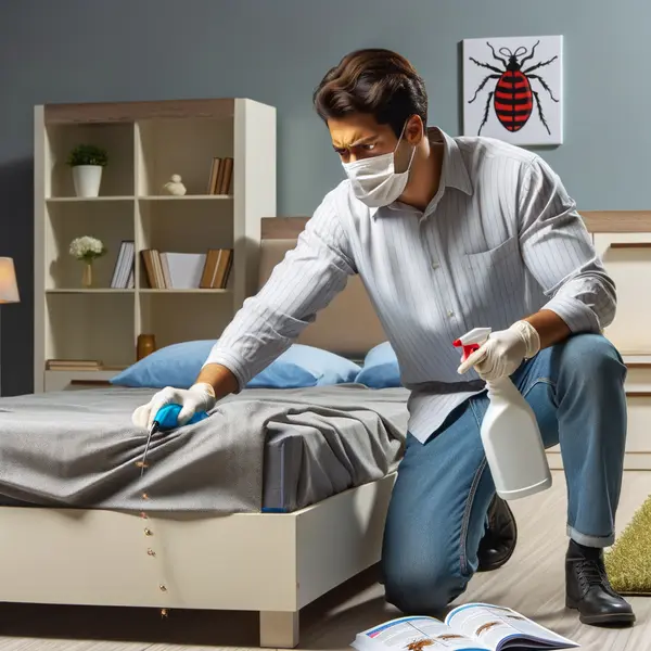 a man wearing a mask and gloves kneeling on the floor beside a bed. He is holding a spray bottle and a tool trying to know What Kills Bed Bugs Instantly. There are bed bugs crawling on the bed.