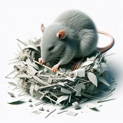 This is a grey rat sitting in a nest made of straw and twigs. The rat is holding a small stick in its paws. The nest is on a white surface.