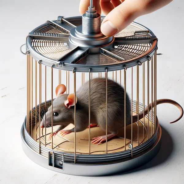 A rat is trapped in a cage. The cage is made of metal and has a door that can be opened and closed. The rat is brown and has a long tail.