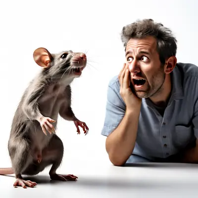 A man is lying on the floor, his hand on his face. He is looking up at a rat and thinking how to get rid of rats. The rat is facing the man. The background is white.