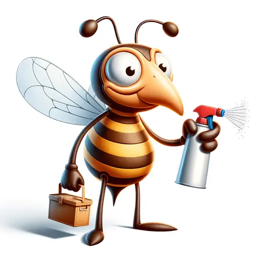 A cartoon bee holding a spray can and a toolbox. The bee is smiling and has a cheerful expression on its face.