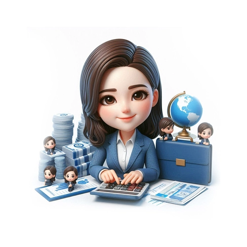 A 3D rendering of a woman in a blue suit sitting at a desk and working on a calculator. She has a stack of money, a globe, and a briefcase on the desk.