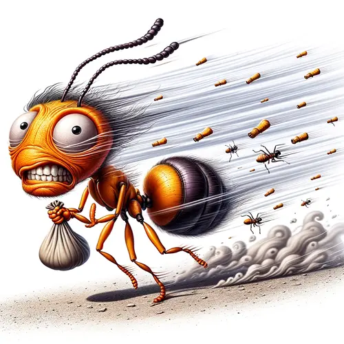 An illustration of an ant carrying a bag of sugar while running away from a swarm of angry ants.