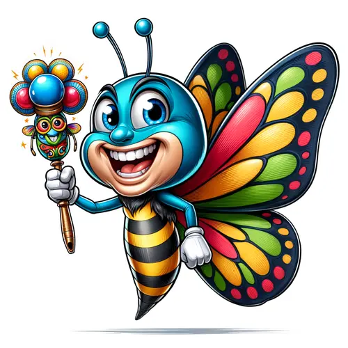 A cartoon butterfly with blue wings and a yellow body.is holding a magic wand showing Pest Proofing Solutions.