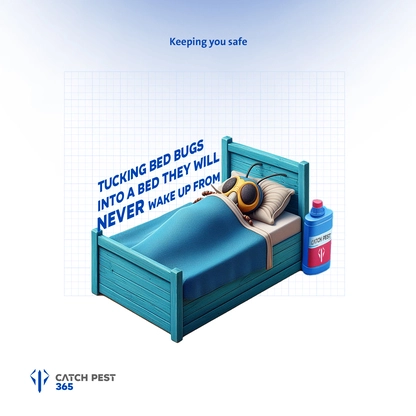 a bed bug sleeping on bed covered with blue blanket with a bottle of home pest control powder next to bed.