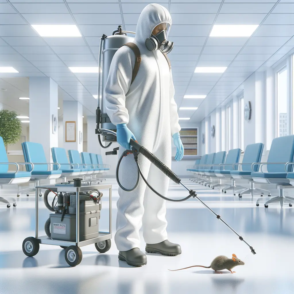 A commercial pest control worker, with a respirator mask stands in a hospital, holding a long spray wand, ready to exterminate a rodent