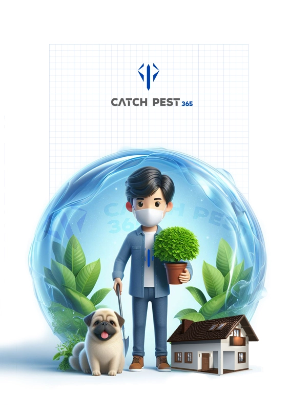 3D caricature drawing of a person holding a plant and his pet dog next to him surrounded by a transparent blue energy shield.