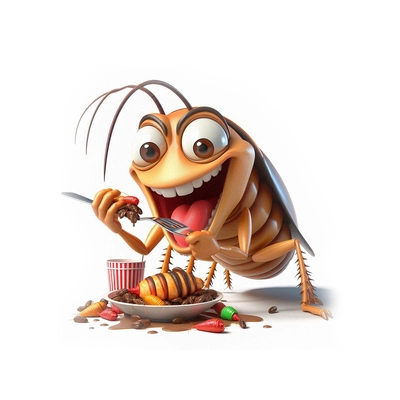 3D caricature drawing of a very hungry cockroach white background.