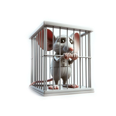 3D cartoon drawing of a mouse imprisoned in a small prison with white background.