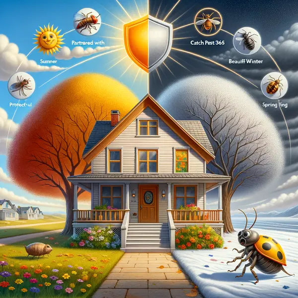 a painting of a house with a cartoon pests standing in front of it.