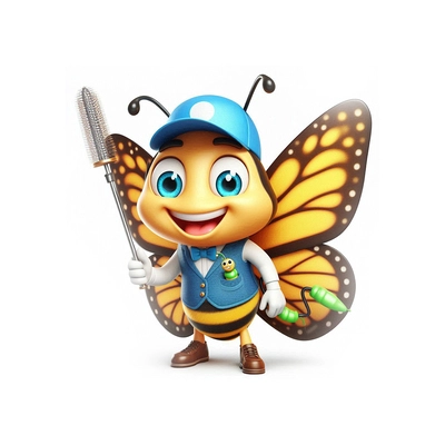 3D cartoon drawing of a happy butterfly wearing preventive pest control suit on white background.