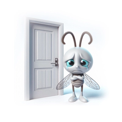 3D cartoon drawing of a mosquito feeling sad in front of a closed door on a white background.