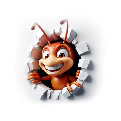 A 3D cartoon drawing of an ant emerging from a hole in a white wall and smiling maliciously.